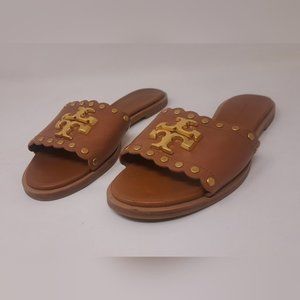 Tory Burch Women's Sandals Nappa Leather Gold Logo Studs Slip On Size 5 US